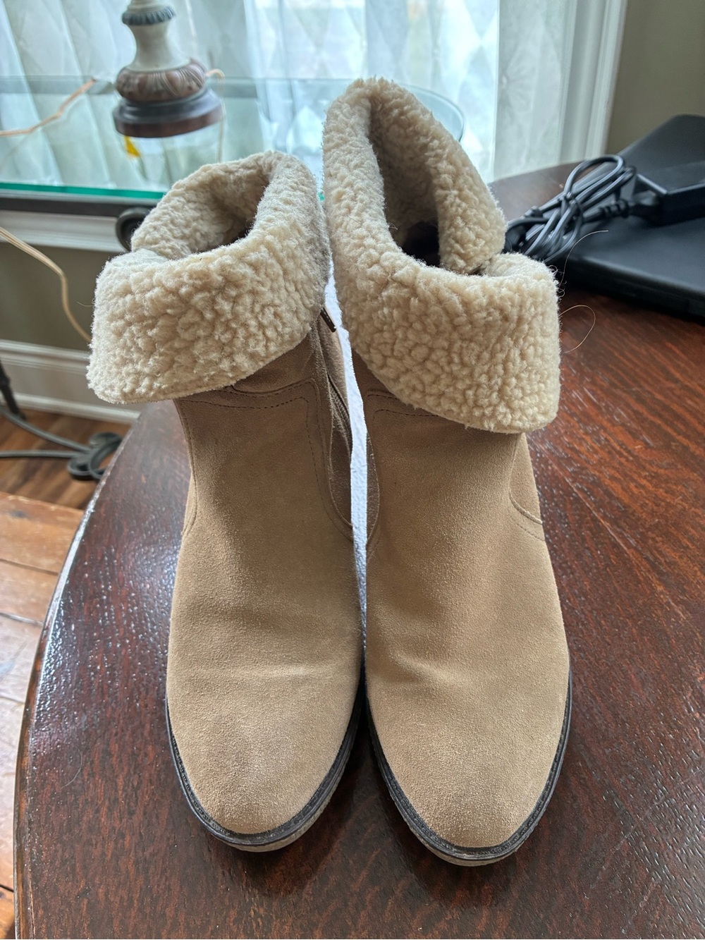 Women's Tan Suede Ankle Booties with Cream Faux Shearling Cuff and 3 1/2 in heel